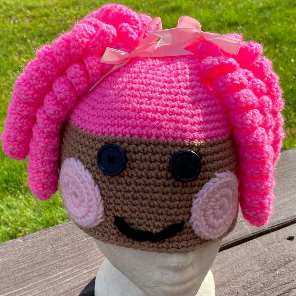 Lalaloopsy Handmade Crochet Knitted  Beanie Hat Pigtails Button Eyes